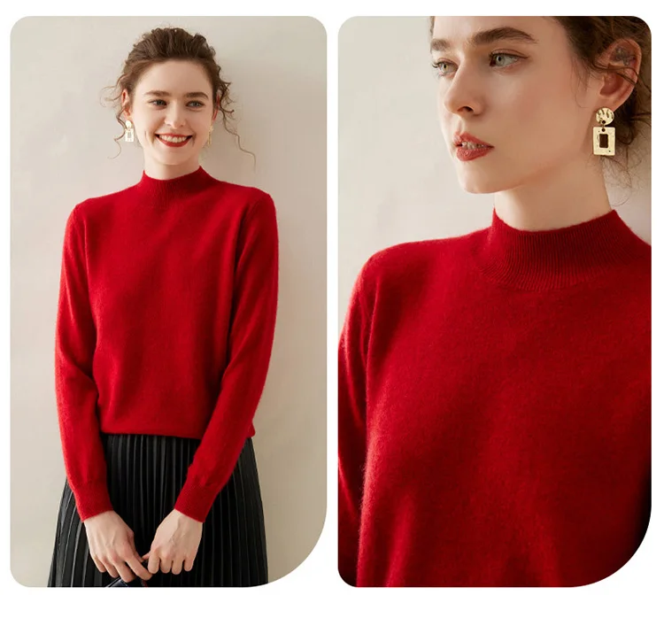 WinvyNee Women Cashmere Sweater Mock Neck Merino Wool Loose Sweater Solid Knitted Tops Casual Pullover Jumper Autumn A1054002