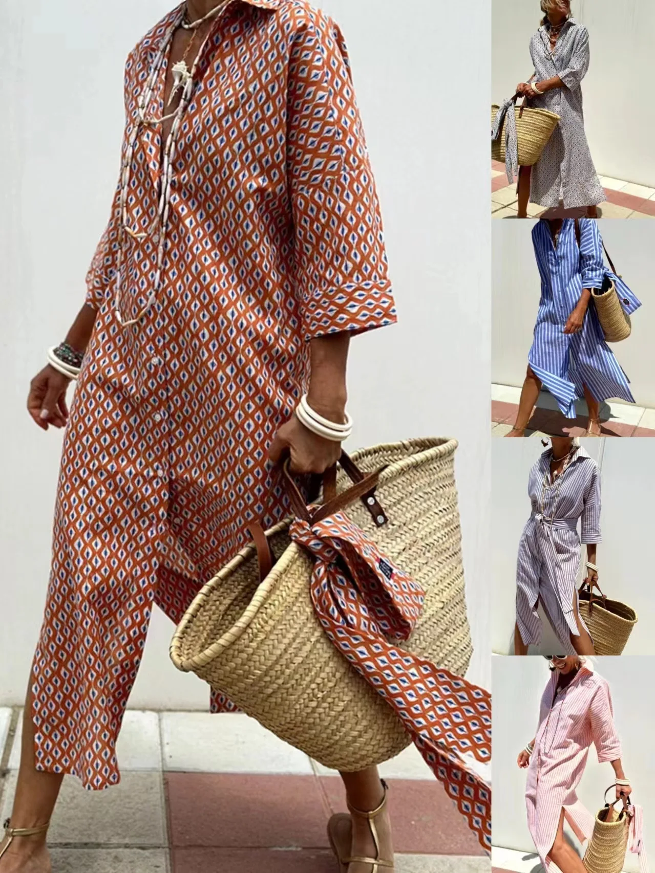 Autumn Long Sleeve Shirt Dress Elegant Belt Long Dress For Women 2024 Fashion Print Button Lapel Neck Casual Dresses Robe Femme