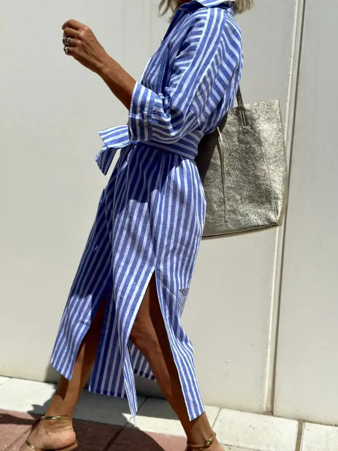 Autumn Long Sleeve Shirt Dress Elegant Belt Long Dress For Women 2024 Fashion Print Button Lapel Neck Casual Dresses Robe Femme