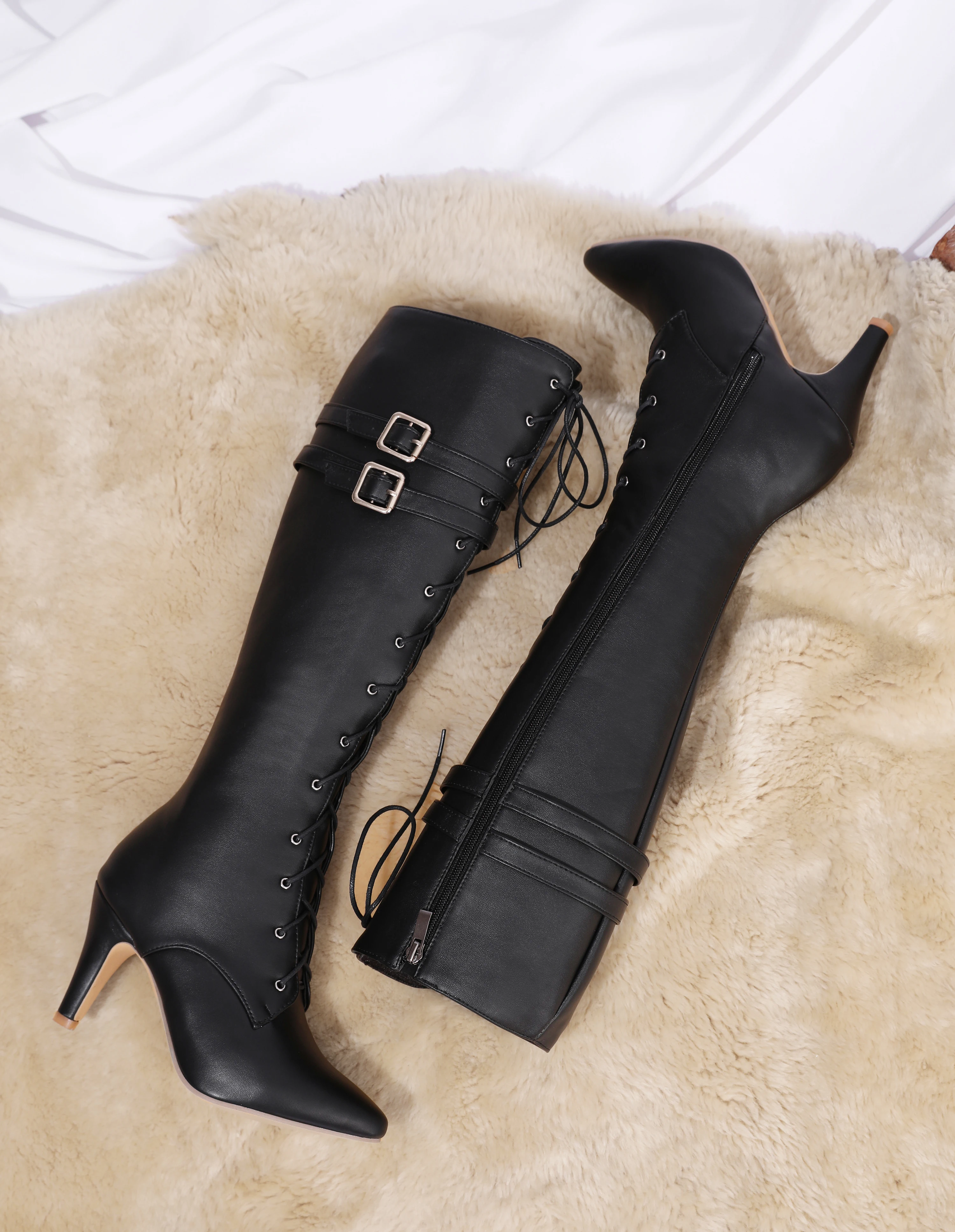 Mid-Length Boots for Women, 2026 Spring and Autumn New Lace-Up Boots, Women's Pointed Toe Stiletto High Heels, Designer Luxury Oversized Size 47, Direct Sales from the Manufacturer