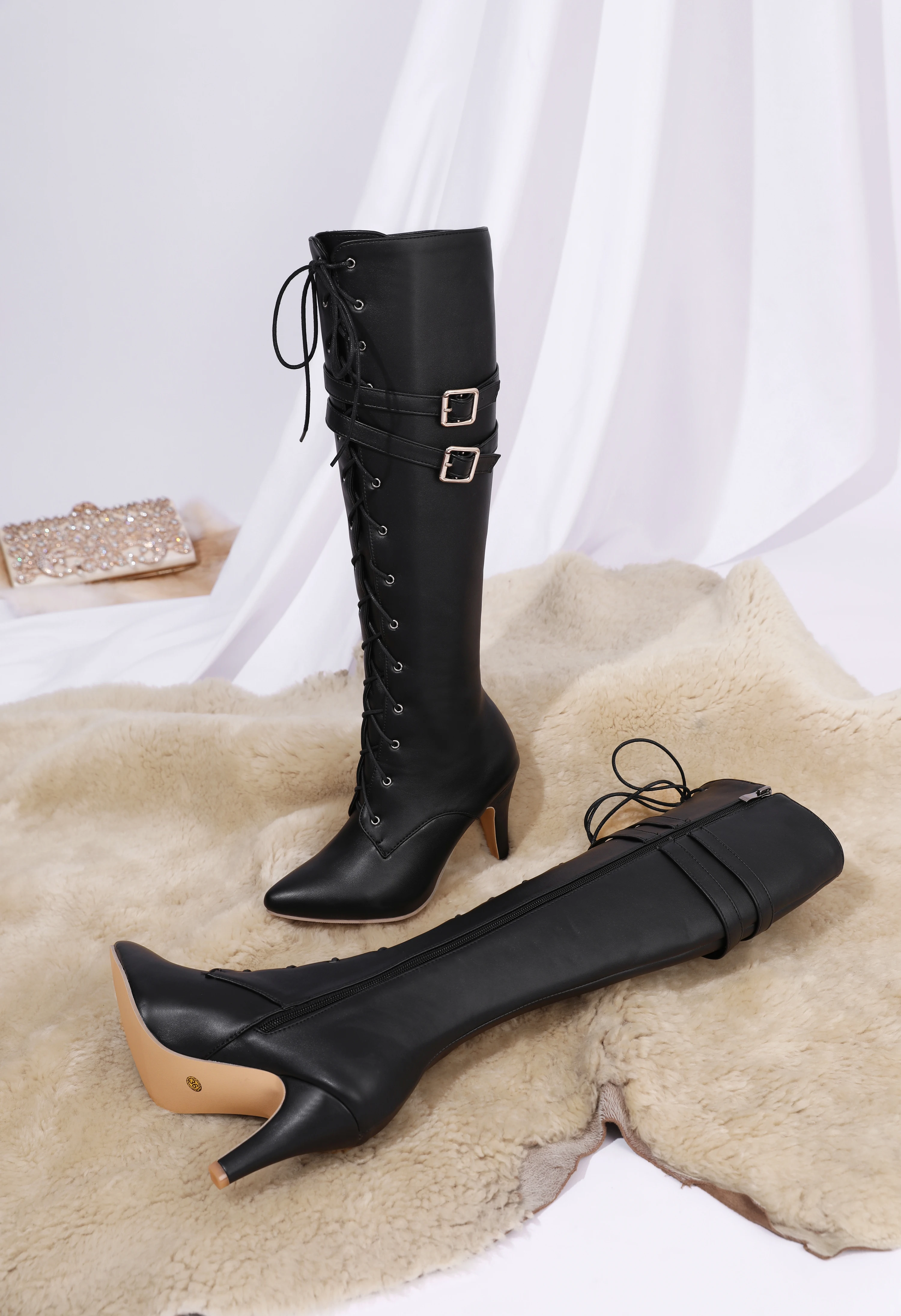 Mid-Length Boots for Women, 2026 Spring and Autumn New Lace-Up Boots, Women's Pointed Toe Stiletto High Heels, Designer Luxury Oversized Size 47, Direct Sales from the Manufacturer