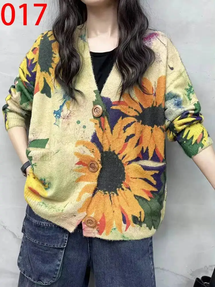 Amax LuluE 2026 Fall Womens Fashion Printed Loose Cardigans Casual V Neck Sweaters Ladies Korean Luxury Classic Cartoon Knitwear