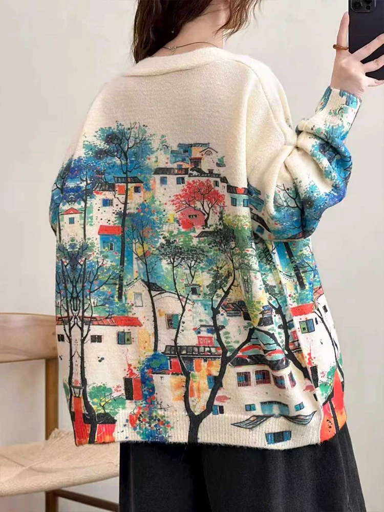 Amax LuluE 2026 Fall Womens Fashion Printed Loose Cardigans Casual V Neck Sweaters Ladies Korean Luxury Classic Cartoon Knitwear