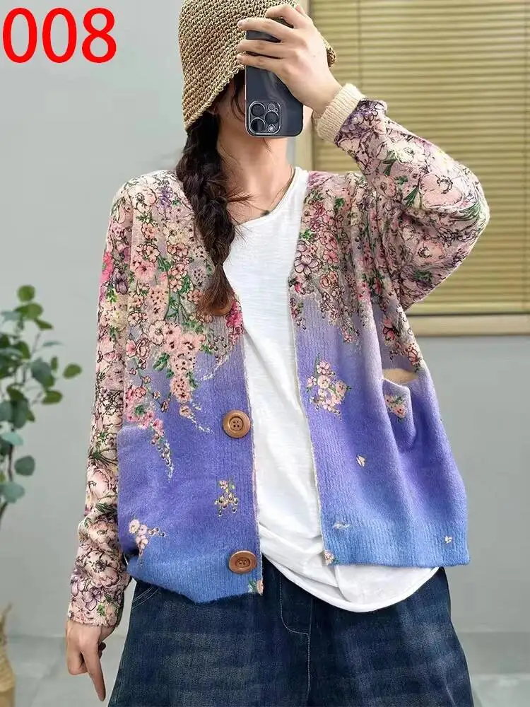 Amax LuluE 2026 Fall Womens Fashion Printed Loose Cardigans Casual V Neck Sweaters Ladies Korean Luxury Classic Cartoon Knitwear