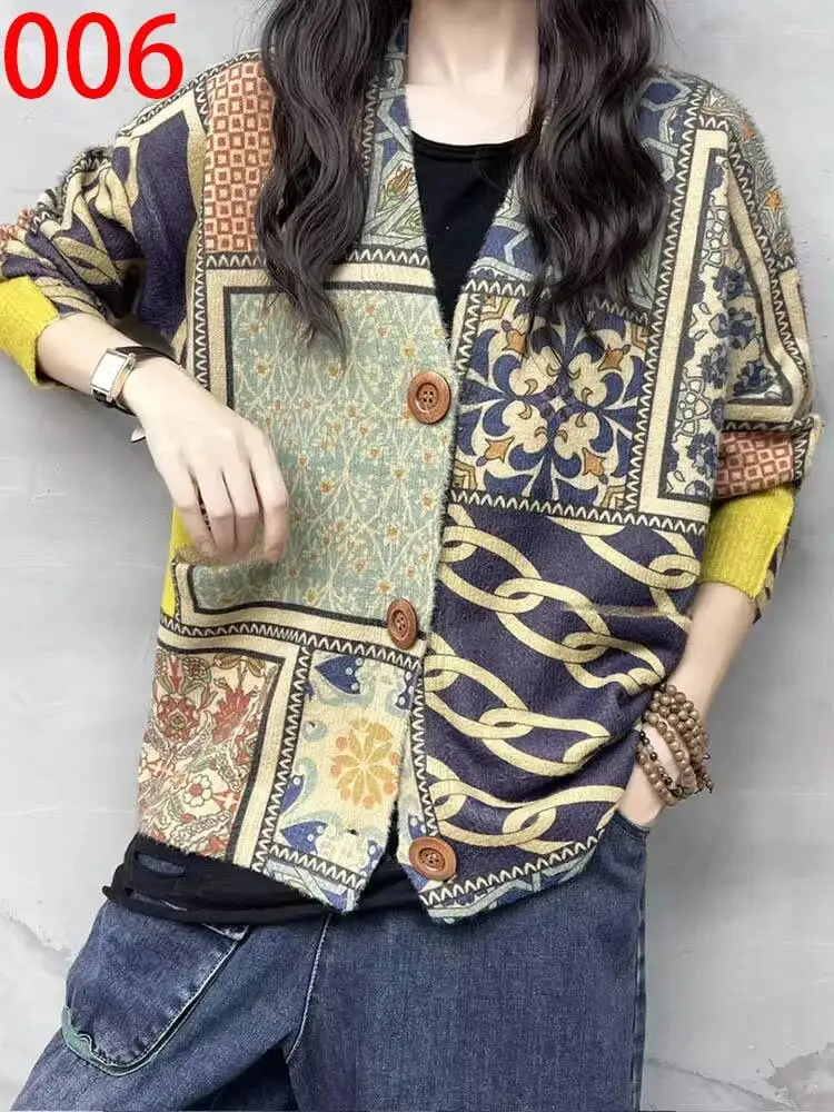 Amax LuluE 2026 Fall Womens Fashion Printed Loose Cardigans Casual V Neck Sweaters Ladies Korean Luxury Classic Cartoon Knitwear