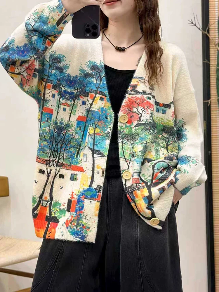 Amax LuluE 2026 Fall Womens Fashion Printed Loose Cardigans Casual V Neck Sweaters Ladies Korean Luxury Classic Cartoon Knitwear