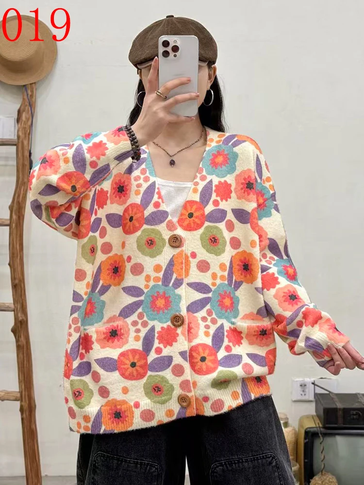 Amax LuluE 2026 Fall Womens Fashion Printed Loose Cardigans Casual V Neck Sweaters Ladies Korean Luxury Classic Cartoon Knitwear