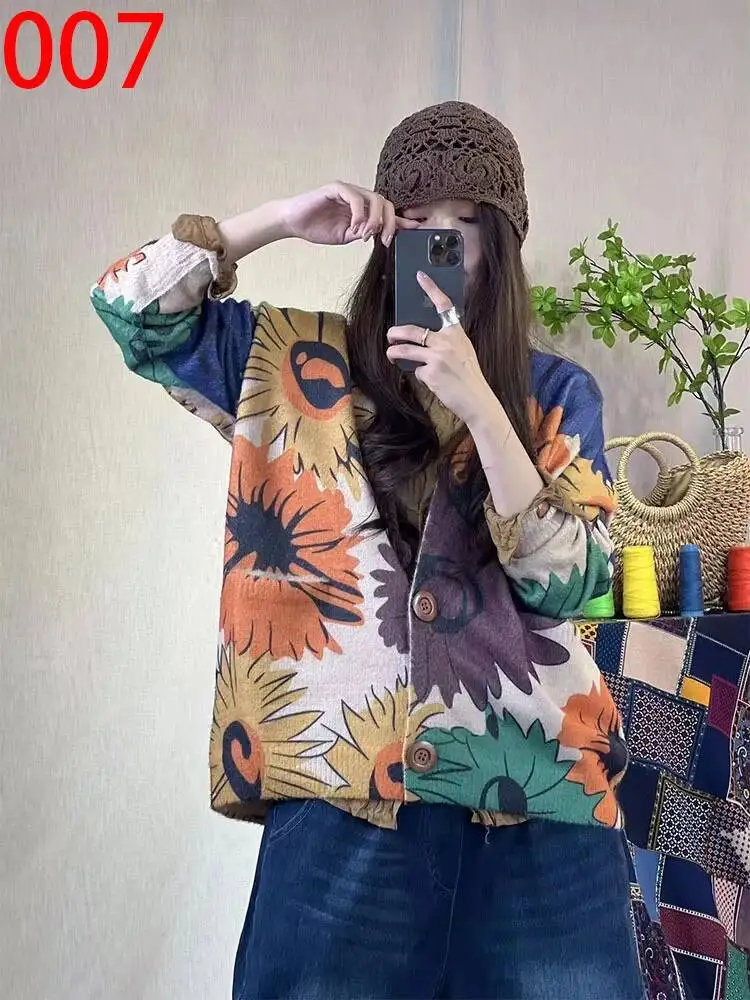 Amax LuluE 2026 Fall Womens Fashion Printed Loose Cardigans Casual V Neck Sweaters Ladies Korean Luxury Classic Cartoon Knitwear