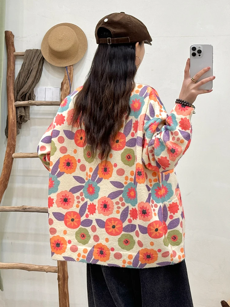 Amax LuluE 2026 Fall Womens Fashion Printed Loose Cardigans Casual V Neck Sweaters Ladies Korean Luxury Classic Cartoon Knitwear