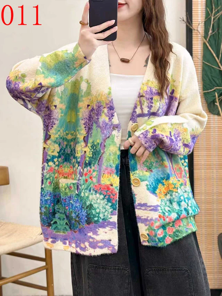 Amax LuluE 2026 Fall Womens Fashion Printed Loose Cardigans Casual V Neck Sweaters Ladies Korean Luxury Classic Cartoon Knitwear