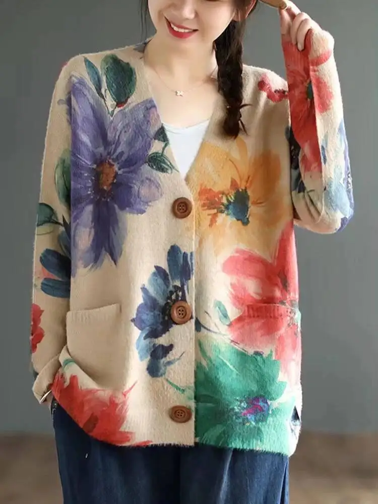Amax LuluE 2026 Fall Womens Fashion Printed Loose Cardigans Casual V Neck Sweaters Ladies Korean Luxury Classic Cartoon Knitwear