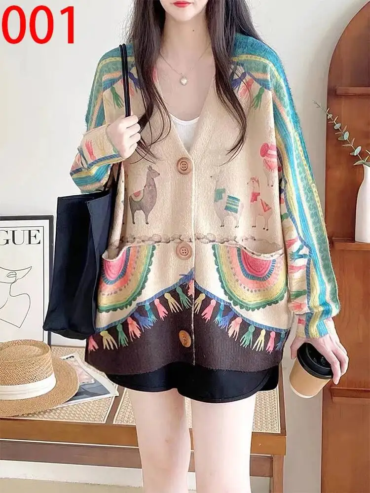 Amax LuluE 2026 Fall Womens Fashion Printed Loose Cardigans Casual V Neck Sweaters Ladies Korean Luxury Classic Cartoon Knitwear