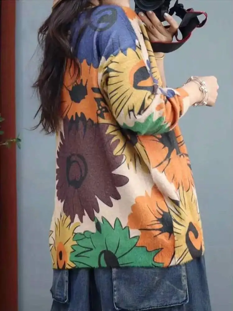 Amax LuluE 2026 Fall Womens Fashion Printed Loose Cardigans Casual V Neck Sweaters Ladies Korean Luxury Classic Cartoon Knitwear