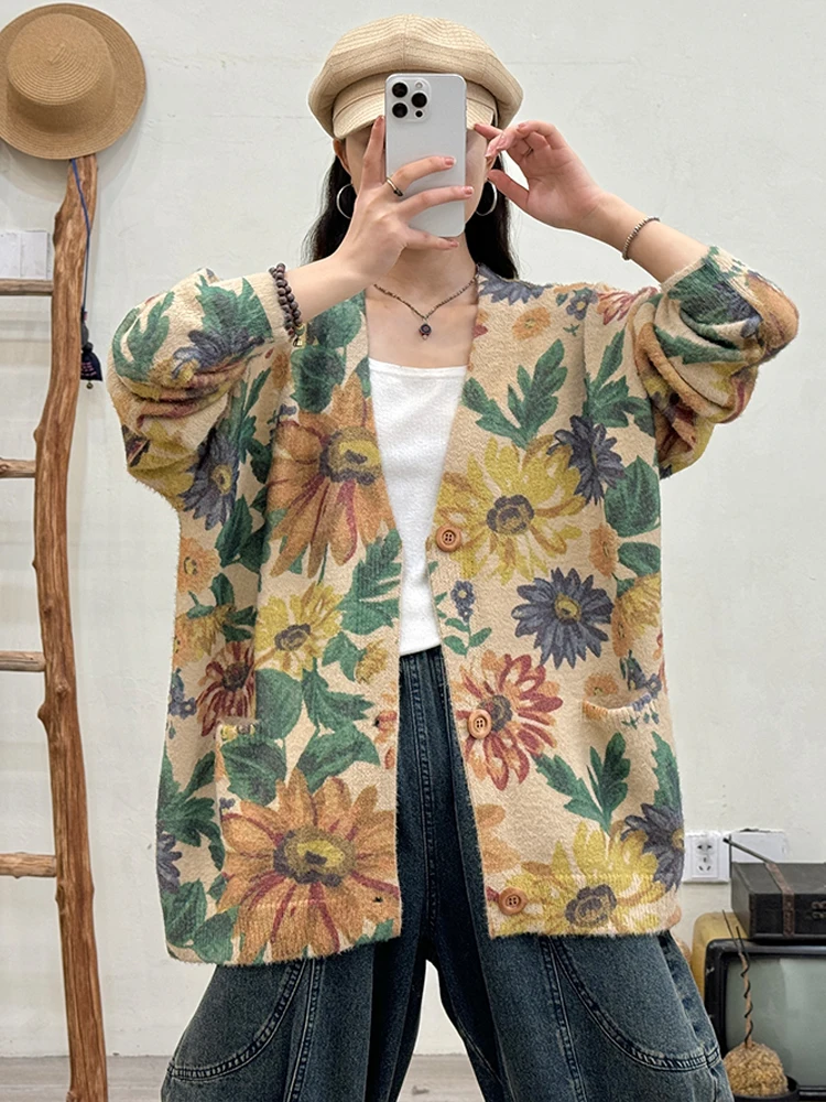 Amax LuluE 2026 Fall Womens Fashion Printed Loose Cardigans Casual V Neck Sweaters Ladies Korean Luxury Classic Cartoon Knitwear