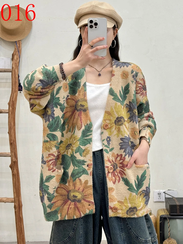 Amax LuluE 2026 Fall Womens Fashion Printed Loose Cardigans Casual V Neck Sweaters Ladies Korean Luxury Classic Cartoon Knitwear