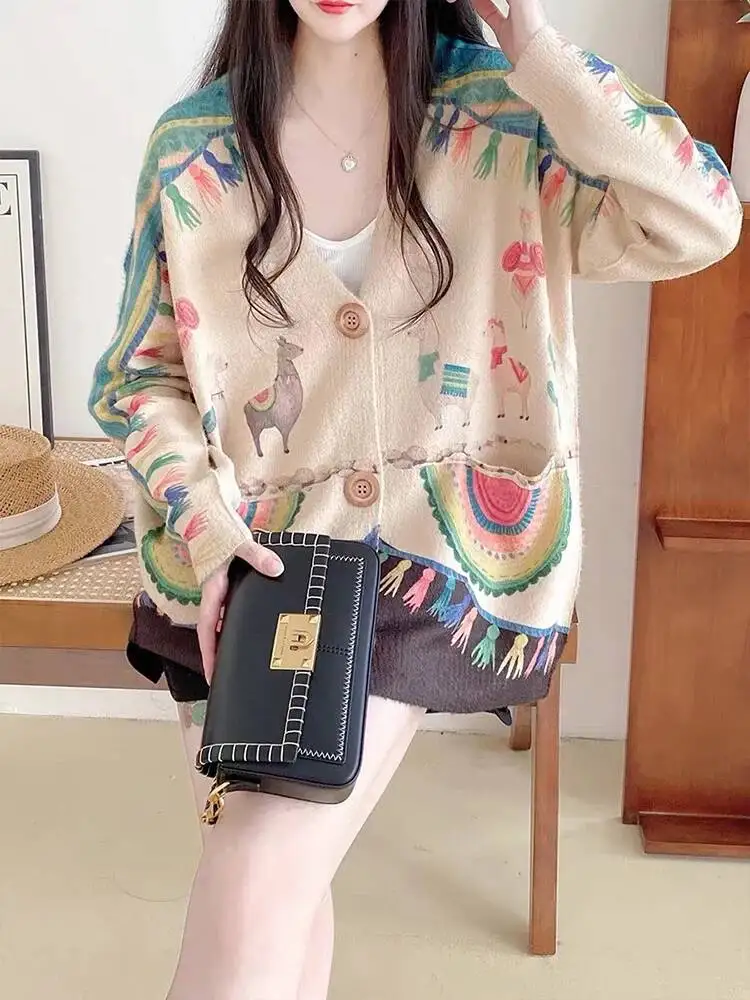 Amax LuluE 2026 Fall Womens Fashion Printed Loose Cardigans Casual V Neck Sweaters Ladies Korean Luxury Classic Cartoon Knitwear