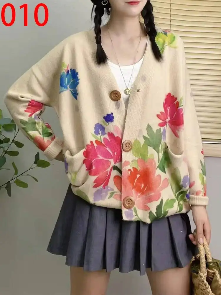Amax LuluE 2026 Fall Womens Fashion Printed Loose Cardigans Casual V Neck Sweaters Ladies Korean Luxury Classic Cartoon Knitwear