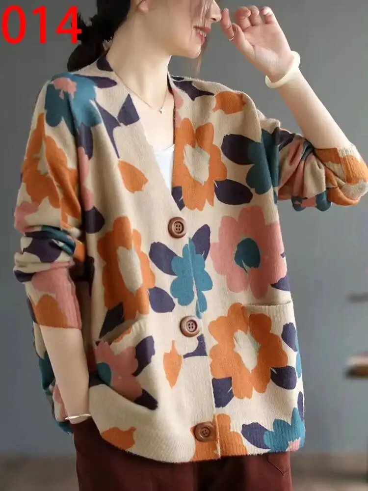 Amax LuluE 2026 Fall Womens Fashion Printed Loose Cardigans Casual V Neck Sweaters Ladies Korean Luxury Classic Cartoon Knitwear
