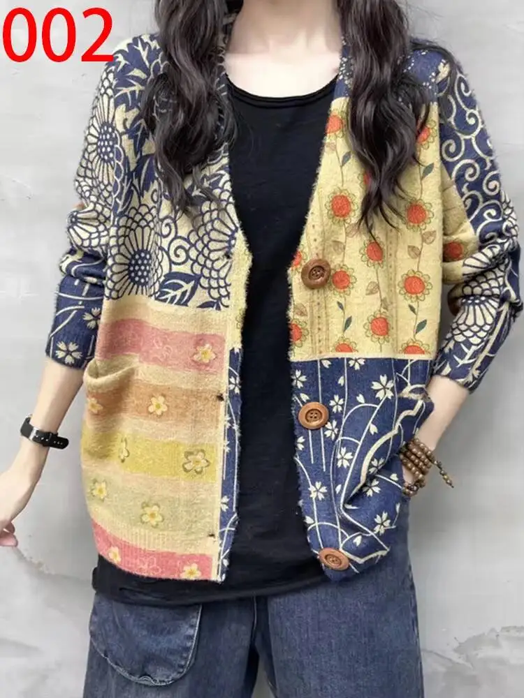 Amax LuluE 2026 Fall Womens Fashion Printed Loose Cardigans Casual V Neck Sweaters Ladies Korean Luxury Classic Cartoon Knitwear