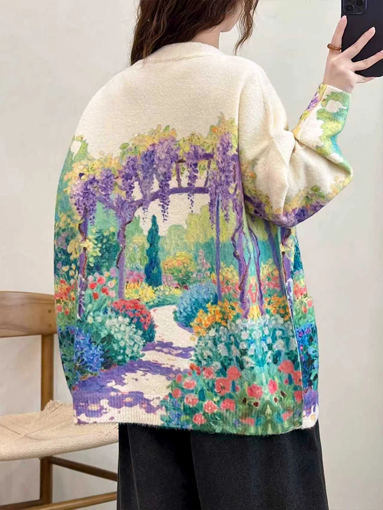 Amax LuluE 2026 Fall Womens Fashion Printed Loose Cardigans Casual V Neck Sweaters Ladies Korean Luxury Classic Cartoon Knitwear