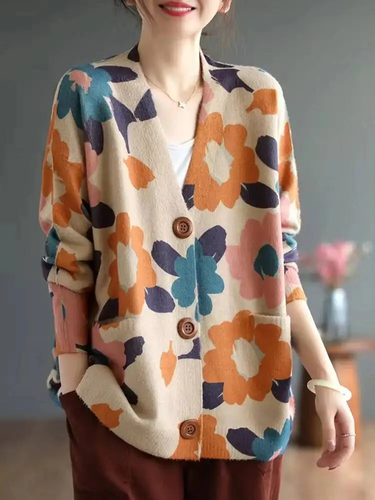 Amax LuluE 2026 Fall Womens Fashion Printed Loose Cardigans Casual V Neck Sweaters Ladies Korean Luxury Classic Cartoon Knitwear
