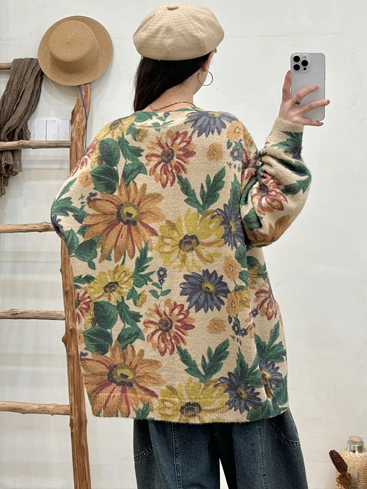 Amax LuluE 2026 Fall Womens Fashion Printed Loose Cardigans Casual V Neck Sweaters Ladies Korean Luxury Classic Cartoon Knitwear