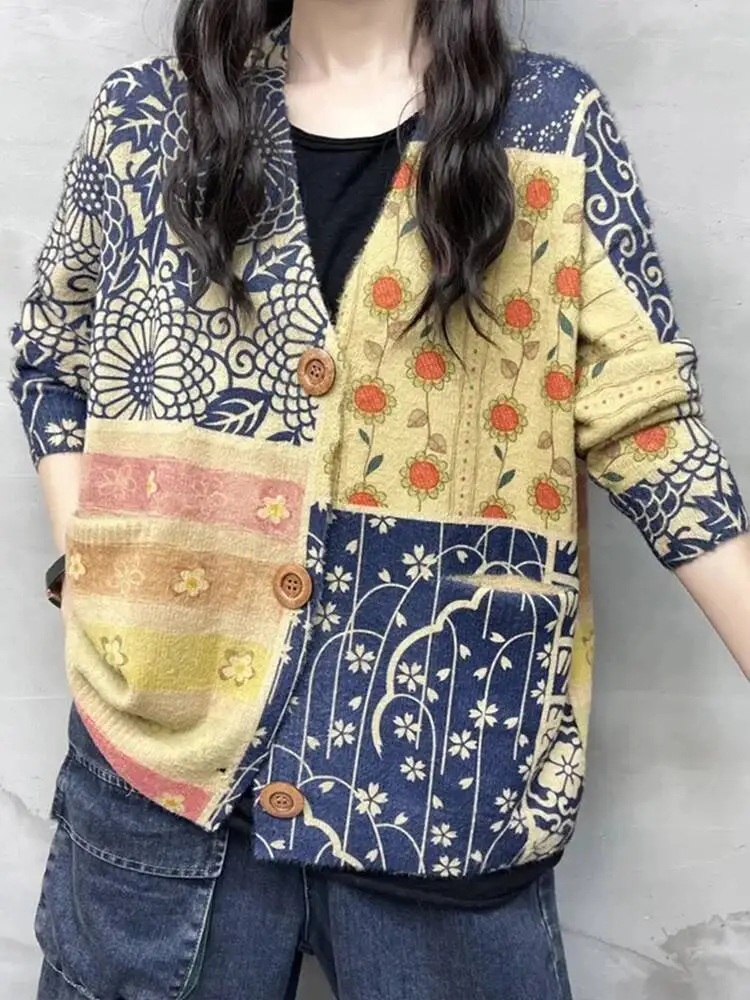 Amax LuluE 2026 Fall Womens Fashion Printed Loose Cardigans Casual V Neck Sweaters Ladies Korean Luxury Classic Cartoon Knitwear