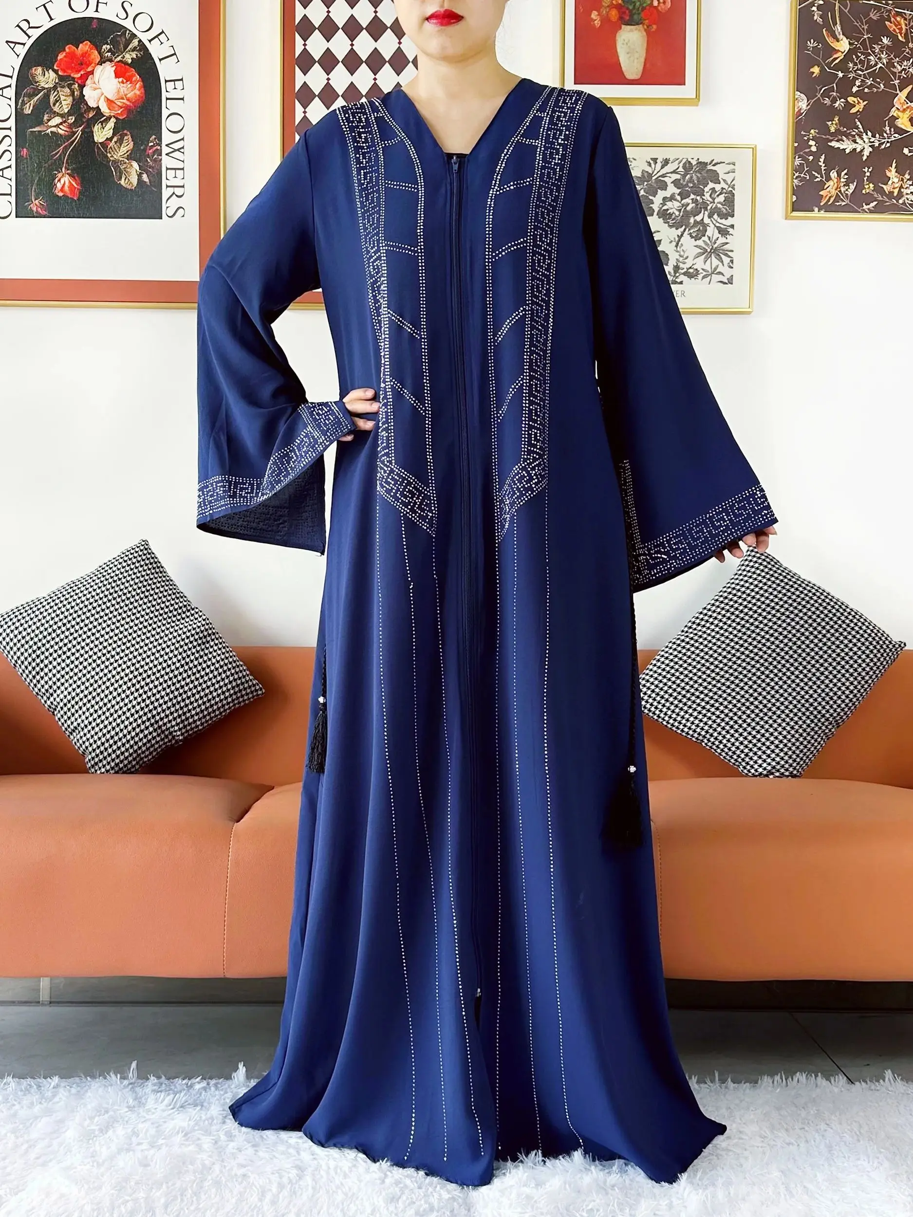 New Women Elegant Dress Chiffon Open Abaya with Zipper Muslim Women Dress Islamic Clothing Cardigan Abaya Women Muslim Dress