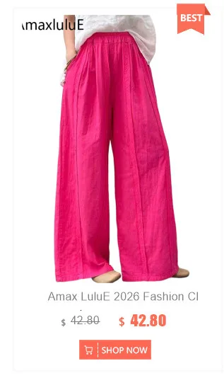 Amax LuluE 2026 Spring Womens Fashion Cotton Linen Wide Leg Pants Ladies Casual Vintage Classic Striped Elastic Waist Trousers