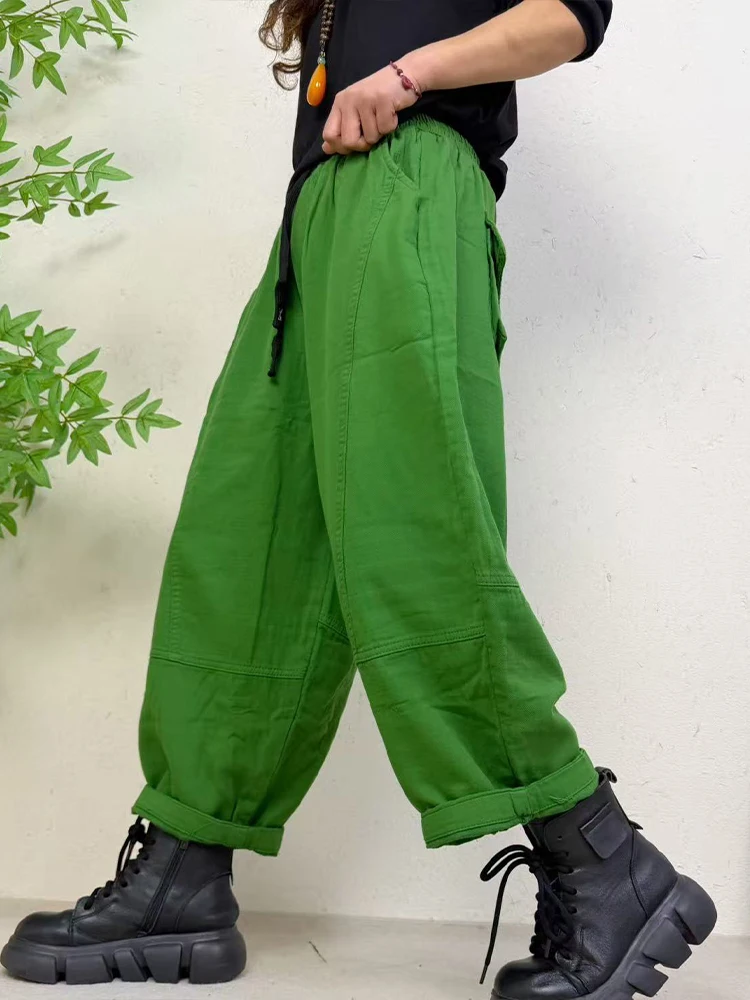 Amax LuluE 2026 Spring Womens Fashion Cotton Linen Wide Leg Pants Ladies Casual Vintage Classic Striped Elastic Waist Trousers