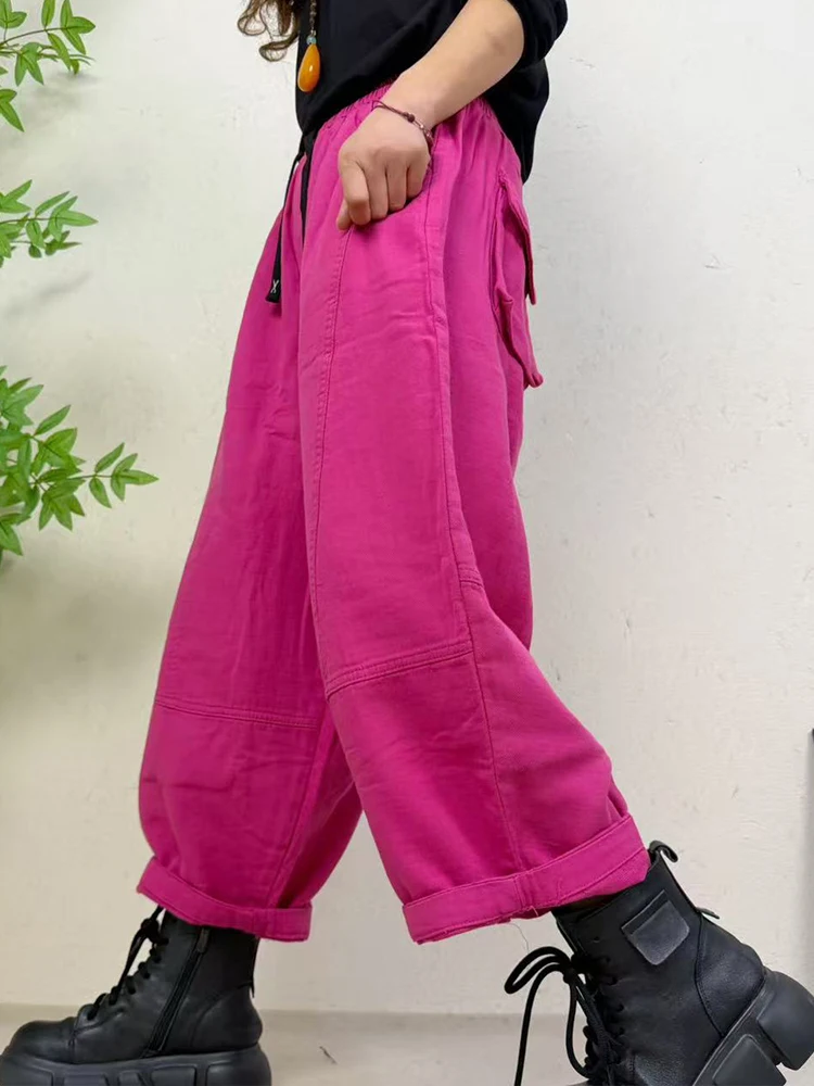 Amax LuluE 2026 Spring Womens Fashion Cotton Linen Wide Leg Pants Ladies Casual Vintage Classic Striped Elastic Waist Trousers