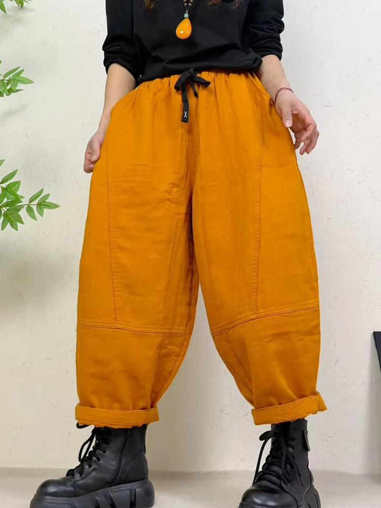 Amax LuluE 2026 Spring Womens Fashion Cotton Linen Wide Leg Pants Ladies Casual Vintage Classic Striped Elastic Waist Trousers
