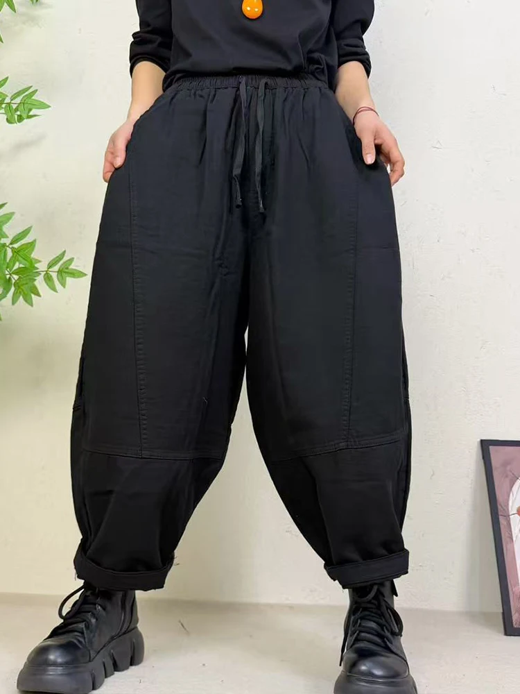 Amax LuluE 2026 Spring Womens Fashion Cotton Linen Wide Leg Pants Ladies Casual Vintage Classic Striped Elastic Waist Trousers
