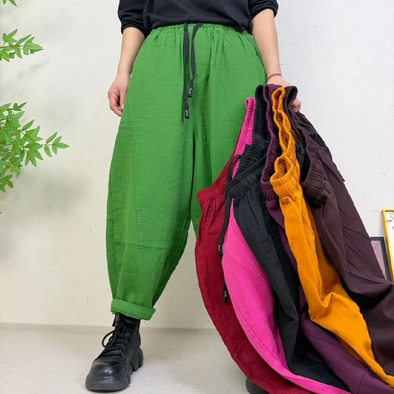 Amax LuluE 2026 Spring Womens Fashion Cotton Linen Wide Leg Pants Ladies Casual Vintage Classic Striped Elastic Waist Trousers