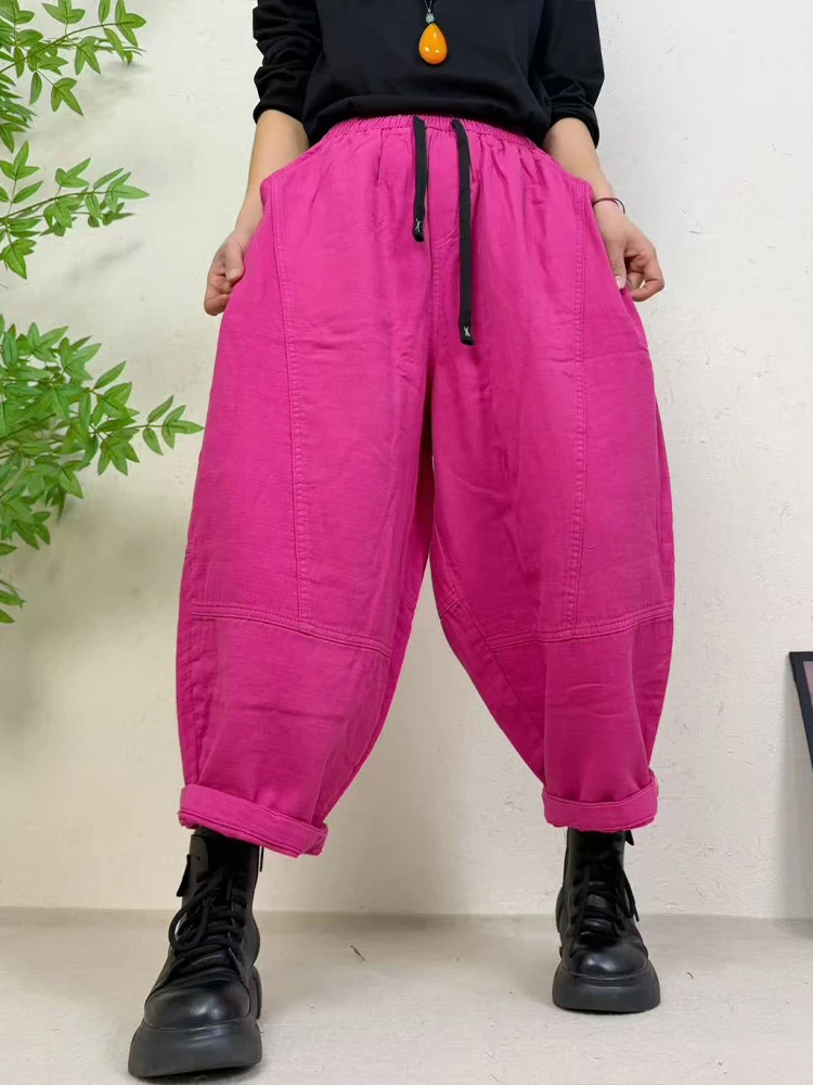 Amax LuluE 2026 Spring Womens Fashion Cotton Linen Wide Leg Pants Ladies Casual Vintage Classic Striped Elastic Waist Trousers