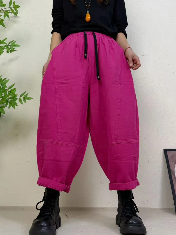 Amax LuluE 2026 Spring Womens Fashion Cotton Linen Wide Leg Pants Ladies Casual Vintage Classic Striped Elastic Waist Trousers