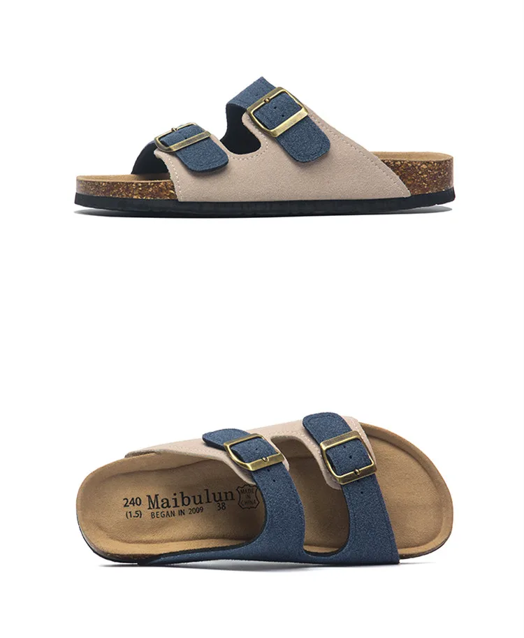 2027 New Summer Men's Cork Slippers Suede Leather Mule Clogs Slippers Man Soft Cork Two Buckle Beach Slides Footwear For Men 45