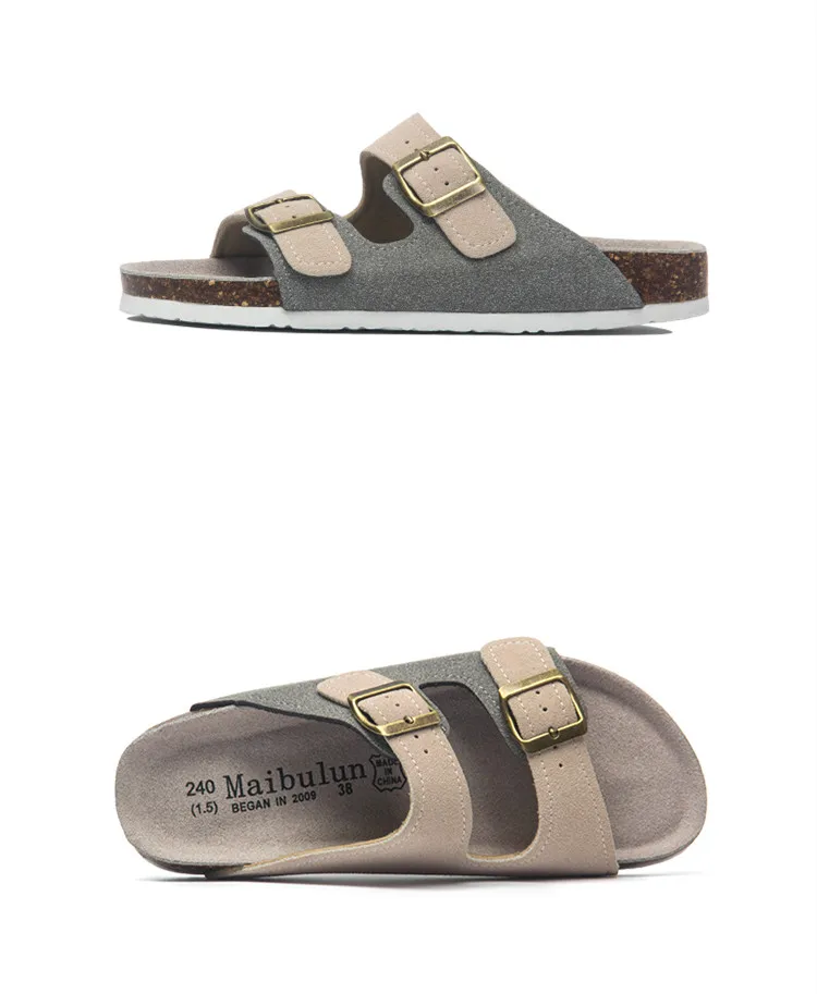 2027 New Summer Men's Cork Slippers Suede Leather Mule Clogs Slippers Man Soft Cork Two Buckle Beach Slides Footwear For Men 45