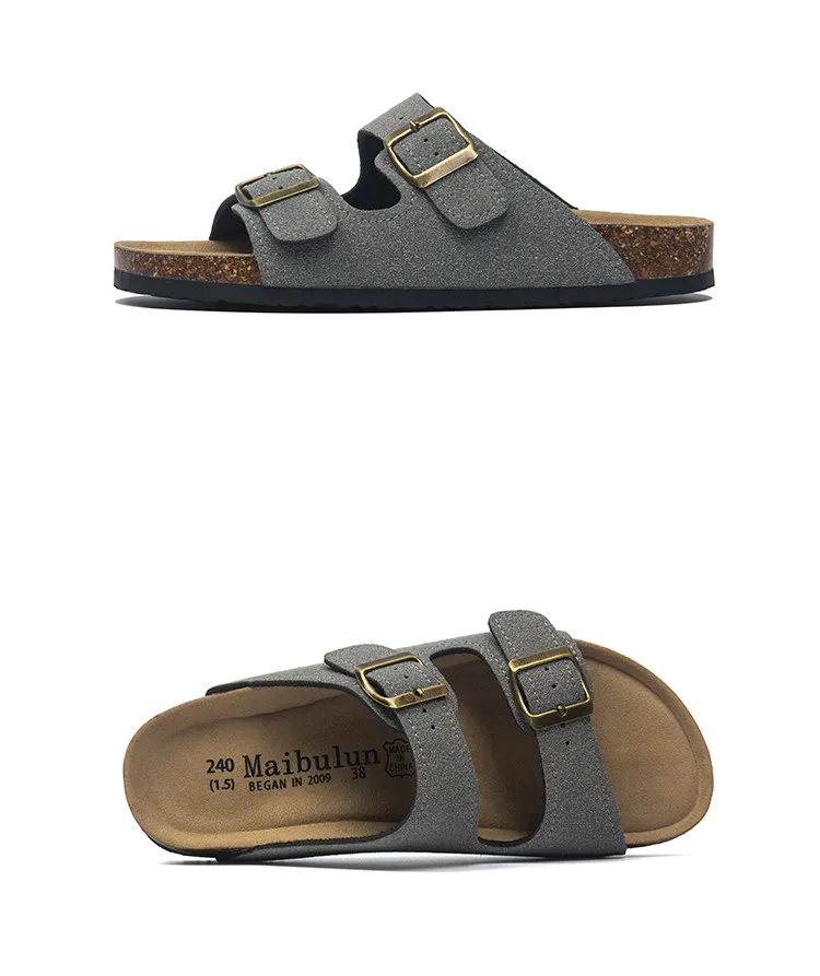 2027 New Summer Men's Cork Slippers Suede Leather Mule Clogs Slippers Man Soft Cork Two Buckle Beach Slides Footwear For Men 45