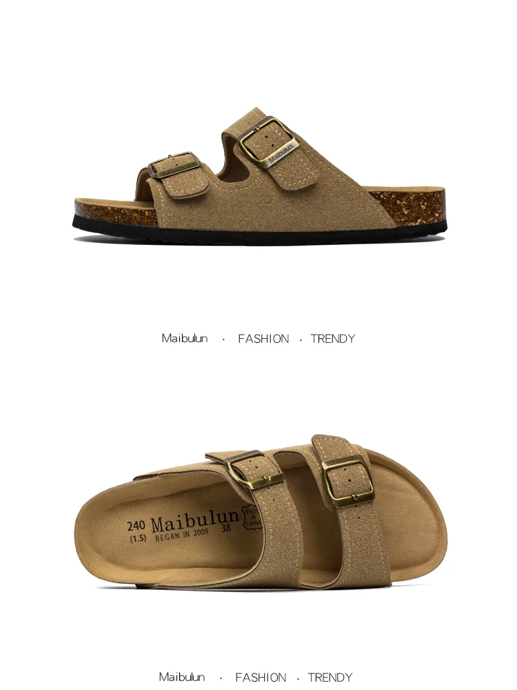 2027 New Summer Men's Cork Slippers Suede Leather Mule Clogs Slippers Man Soft Cork Two Buckle Beach Slides Footwear For Men 45