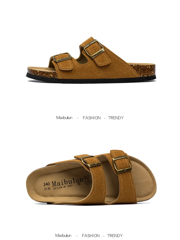 2027 New Summer Men's Cork Slippers Suede Leather Mule Clogs Slippers Man Soft Cork Two Buckle Beach Slides Footwear For Men 45
