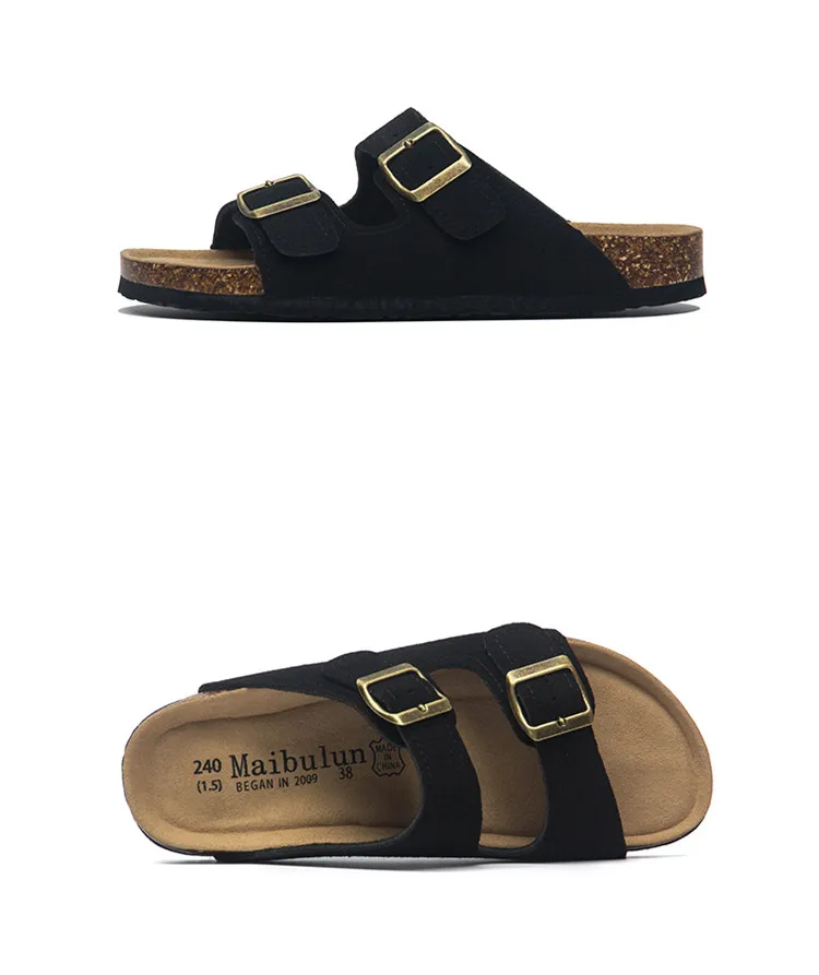 2027 New Summer Men's Cork Slippers Suede Leather Mule Clogs Slippers Man Soft Cork Two Buckle Beach Slides Footwear For Men 45