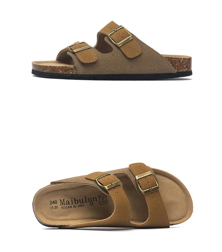 2027 New Summer Men's Cork Slippers Suede Leather Mule Clogs Slippers Man Soft Cork Two Buckle Beach Slides Footwear For Men 45