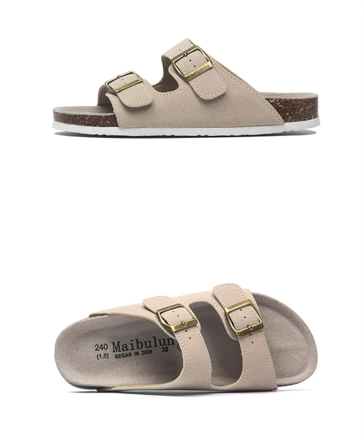2027 New Summer Men's Cork Slippers Suede Leather Mule Clogs Slippers Man Soft Cork Two Buckle Beach Slides Footwear For Men 45