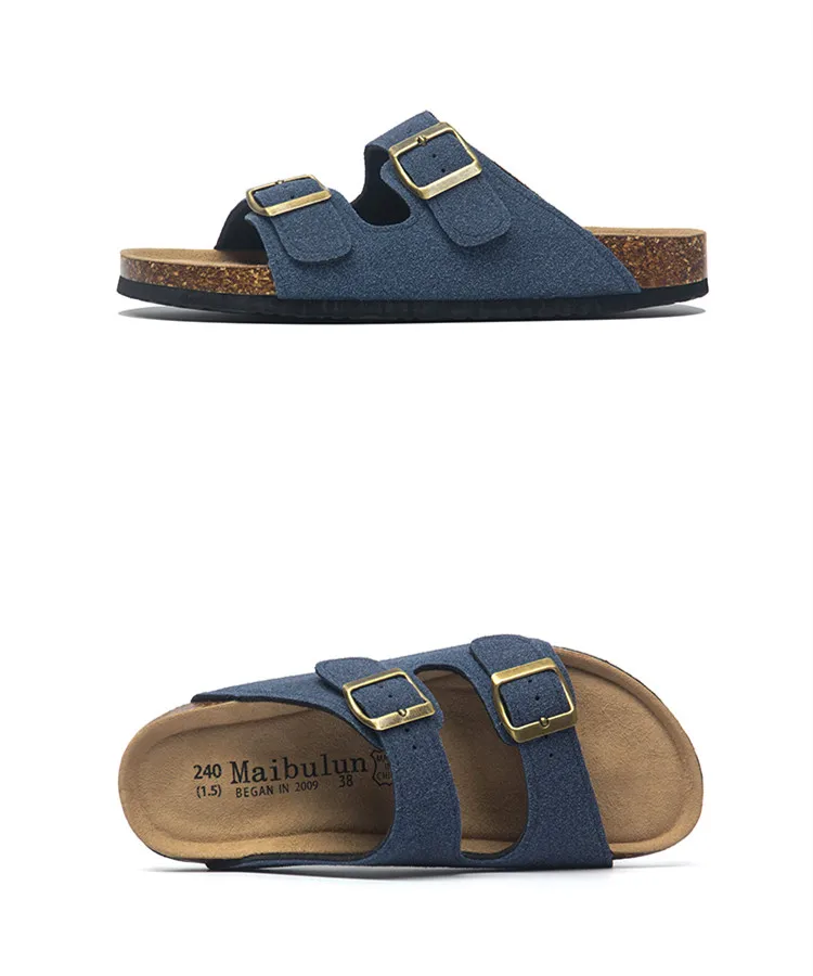 2027 New Summer Men's Cork Slippers Suede Leather Mule Clogs Slippers Man Soft Cork Two Buckle Beach Slides Footwear For Men 45