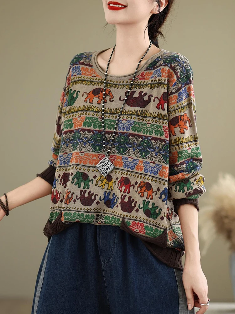 Amax luluE 2024 Fall Womens Fashion Printed Loose Sweaters Cartoon Knitted Clothes Ladies Casual O Neck Pullover Classic Jumpers
