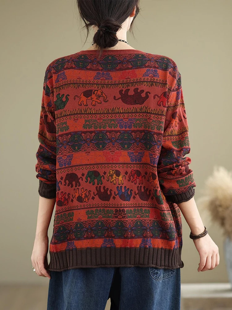 Amax luluE 2024 Fall Womens Fashion Printed Loose Sweaters Cartoon Knitted Clothes Ladies Casual O Neck Pullover Classic Jumpers