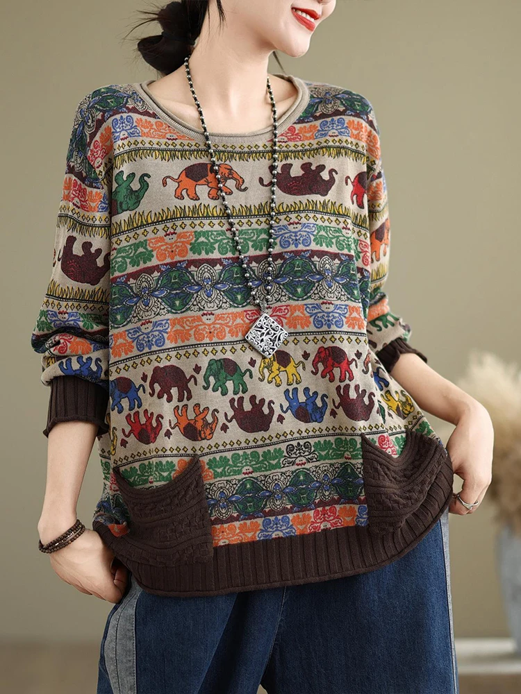Amax luluE 2024 Fall Womens Fashion Printed Loose Sweaters Cartoon Knitted Clothes Ladies Casual O Neck Pullover Classic Jumpers