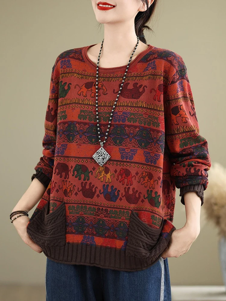 Amax luluE 2024 Fall Womens Fashion Printed Loose Sweaters Cartoon Knitted Clothes Ladies Casual O Neck Pullover Classic Jumpers