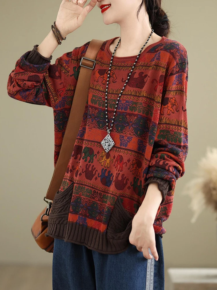 Amax luluE 2024 Fall Womens Fashion Printed Loose Sweaters Cartoon Knitted Clothes Ladies Casual O Neck Pullover Classic Jumpers